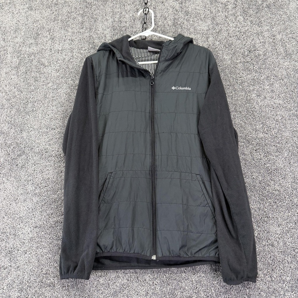 Columbia Jacket Mens Medium Black Hooded Quilted Fleece Full Zip Outdoor